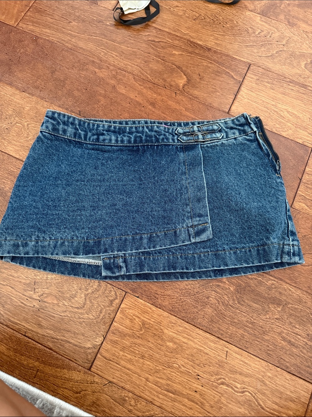 Edikted Dark Blue Denim Wrap Mini Skirt with Double Buckles Built in shorts